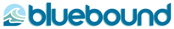 BlueBound Travel logo with ocean waves pin icon